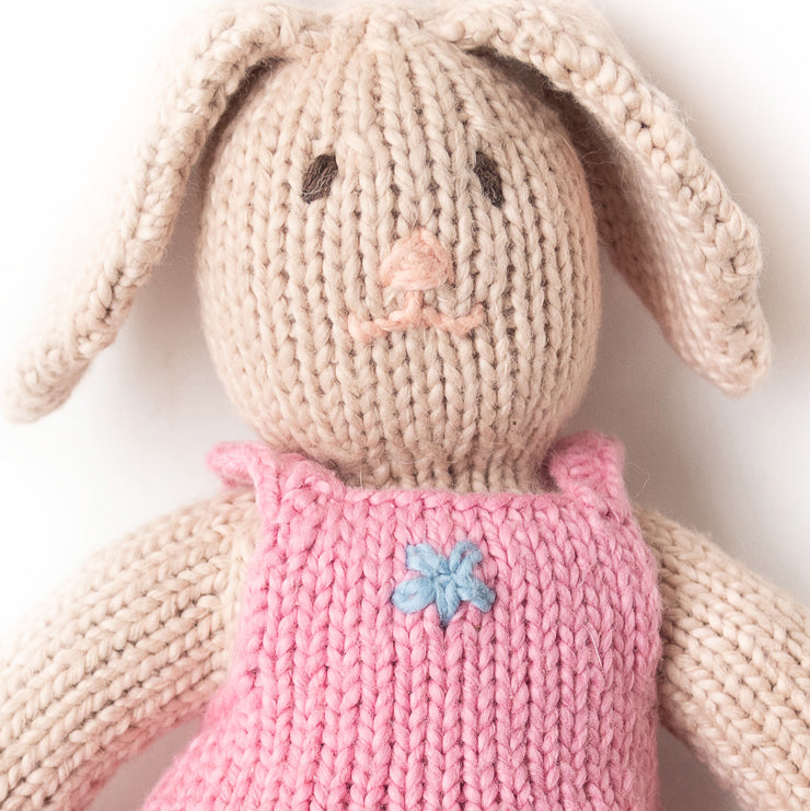 Beige Bunny Knitted Doll Pink Dress- Lucy