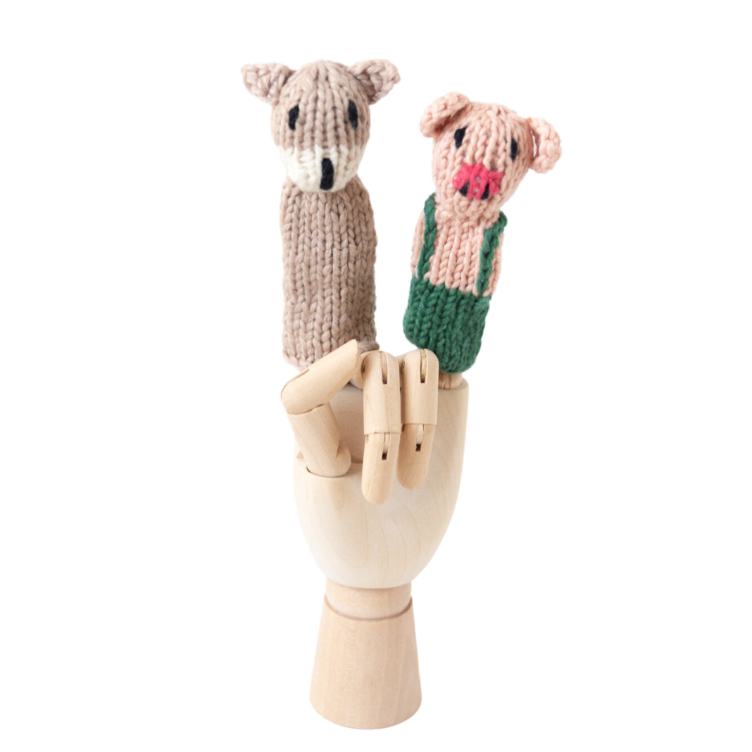 Hand-Knit Finger Puppet Set - Three Little Pigs and the Big Bad Wolf
